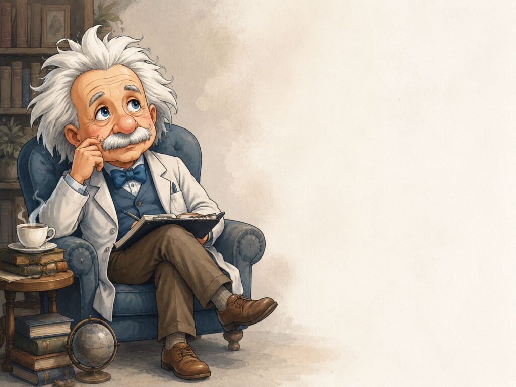 En eftertænksom einsteinmaskot